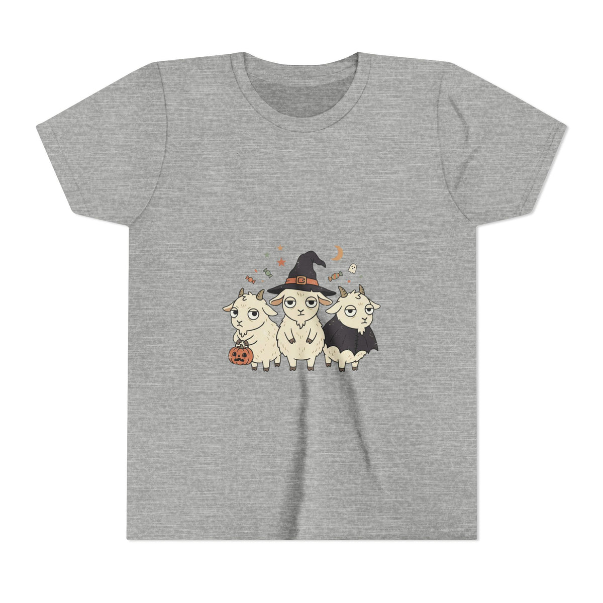 Youth Tee — Cute Halloween Goats Graphic Tee (Witch Hat, Pumpkin)