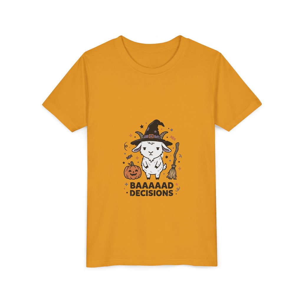 Kids Halloween Tee — 'Baaaad Decisions' Witch Sheep Graphic