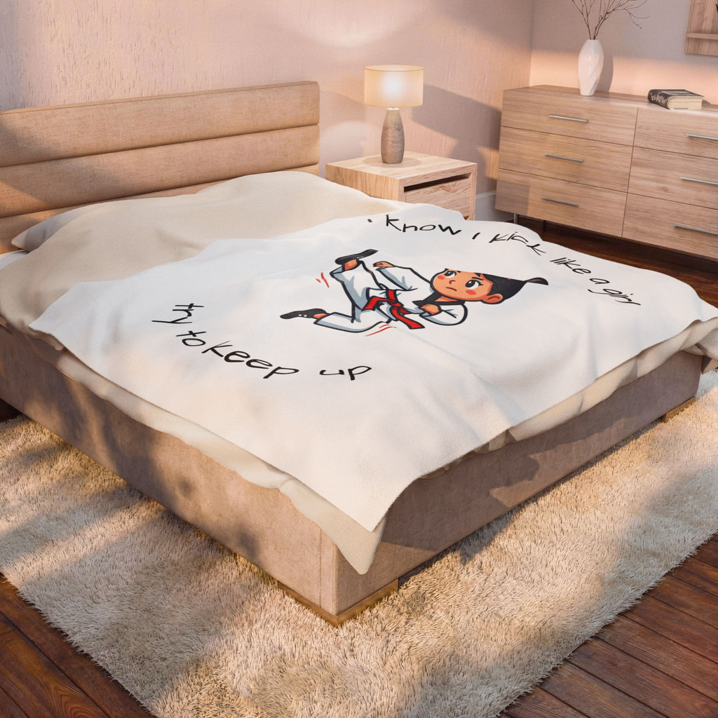 I Know I Kick Like a Girl Martial Arts Girl Velveteen Plush Blanket | Karate Kick Design