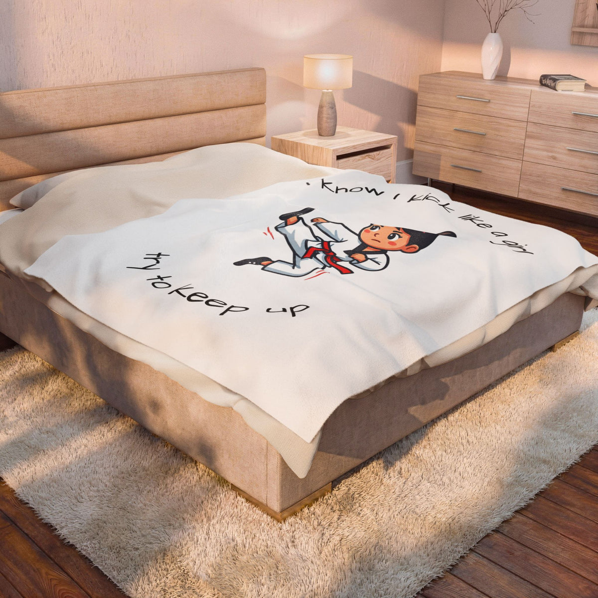 I Know I Kick Like a Girl Martial Arts Girl Velveteen Plush Blanket | Karate Kick Design