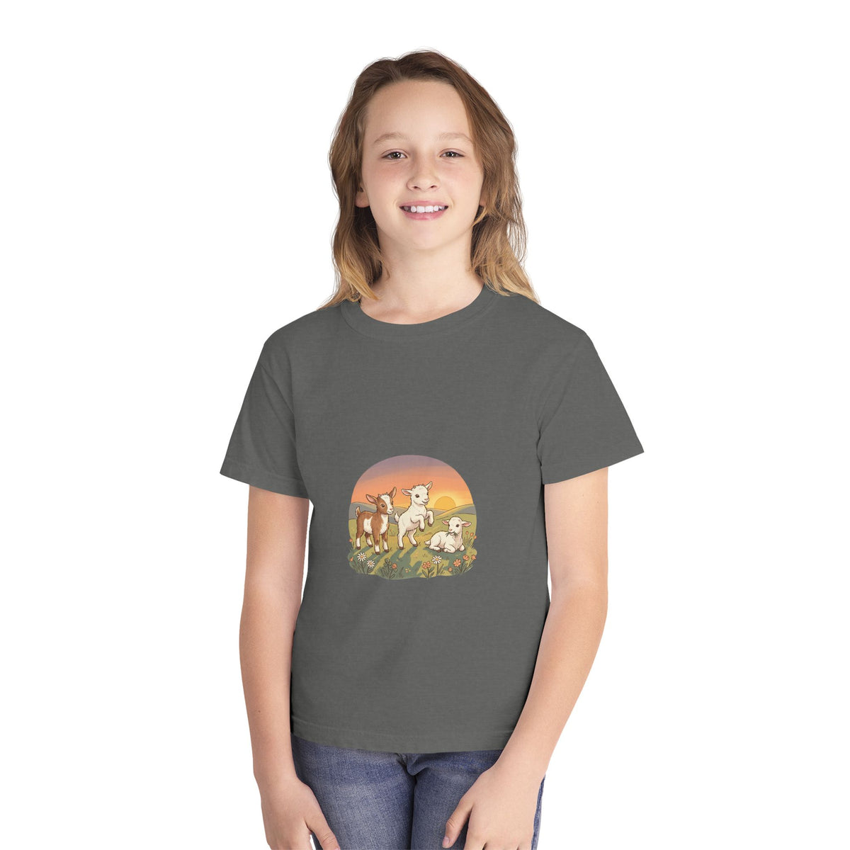 Goat Sunset Kids Tee | Baby Goats Illustration, Pastel Mint