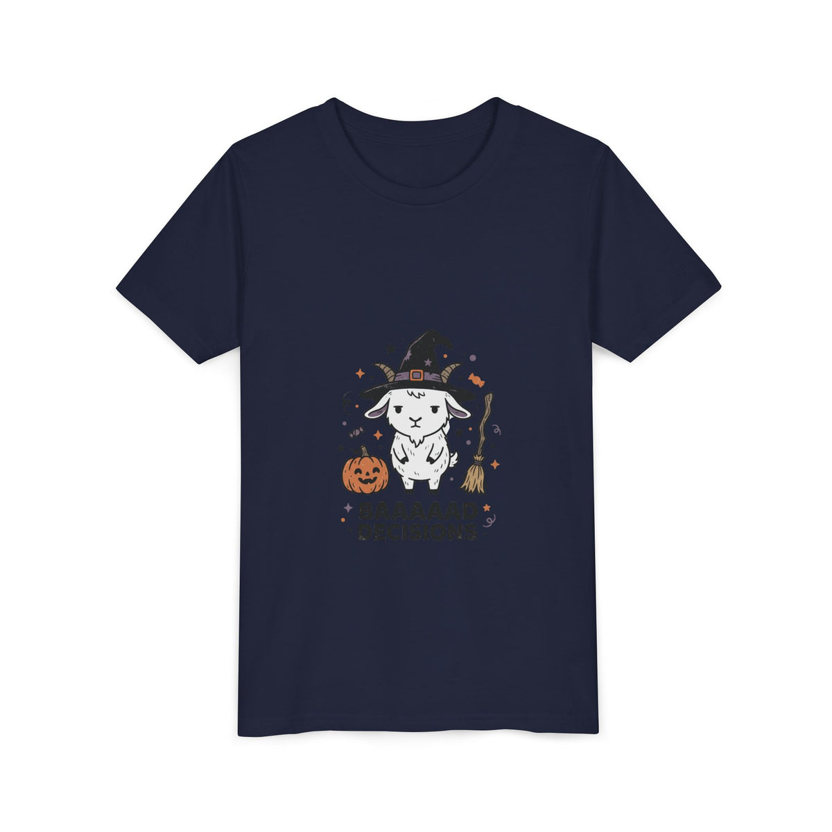Kids Halloween Tee — 'Baaaad Decisions' Witch Sheep Graphic