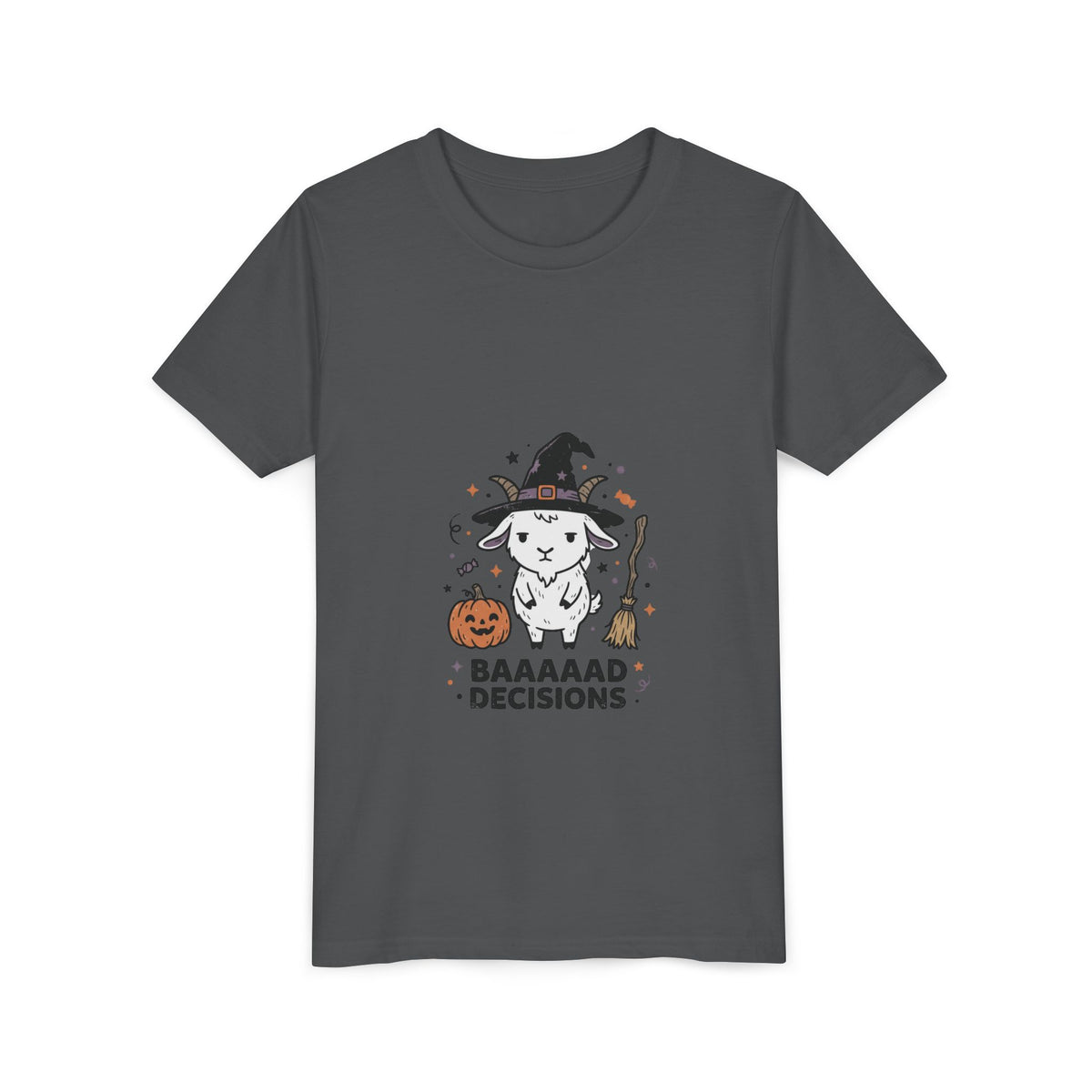 Kids Halloween Tee — 'Baaaad Decisions' Witch Sheep Graphic