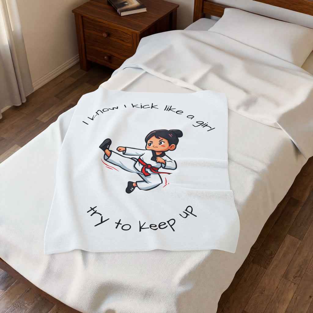 I Know I Kick Like a Girl Martial Arts Girl Velveteen Plush Blanket | Karate Kick Design