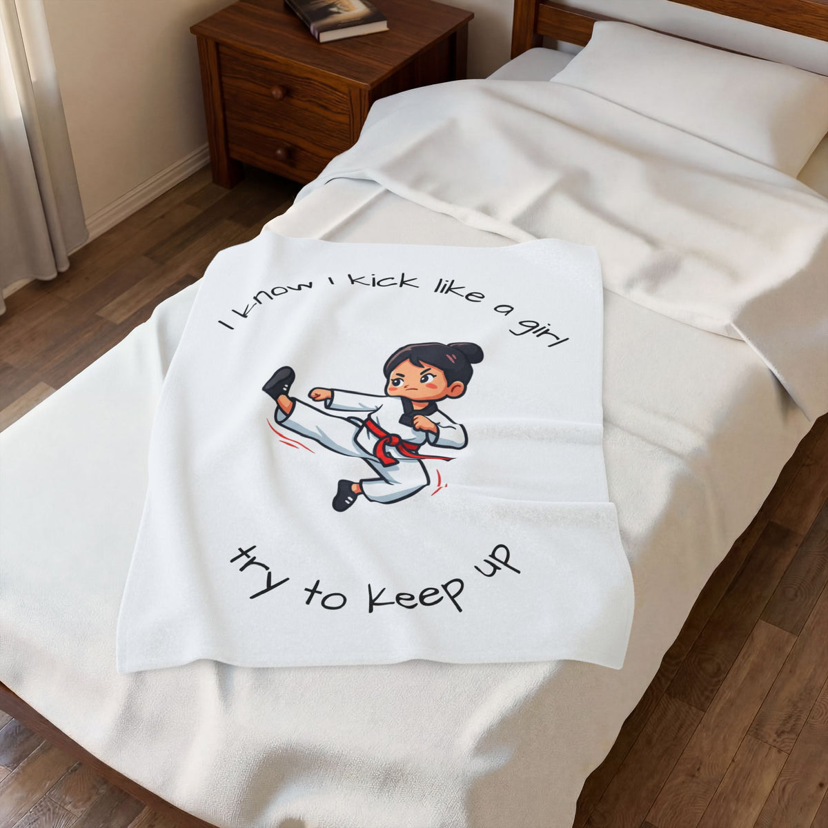 I Know I Kick Like a Girl Martial Arts Girl Velveteen Plush Blanket | Karate Kick Design