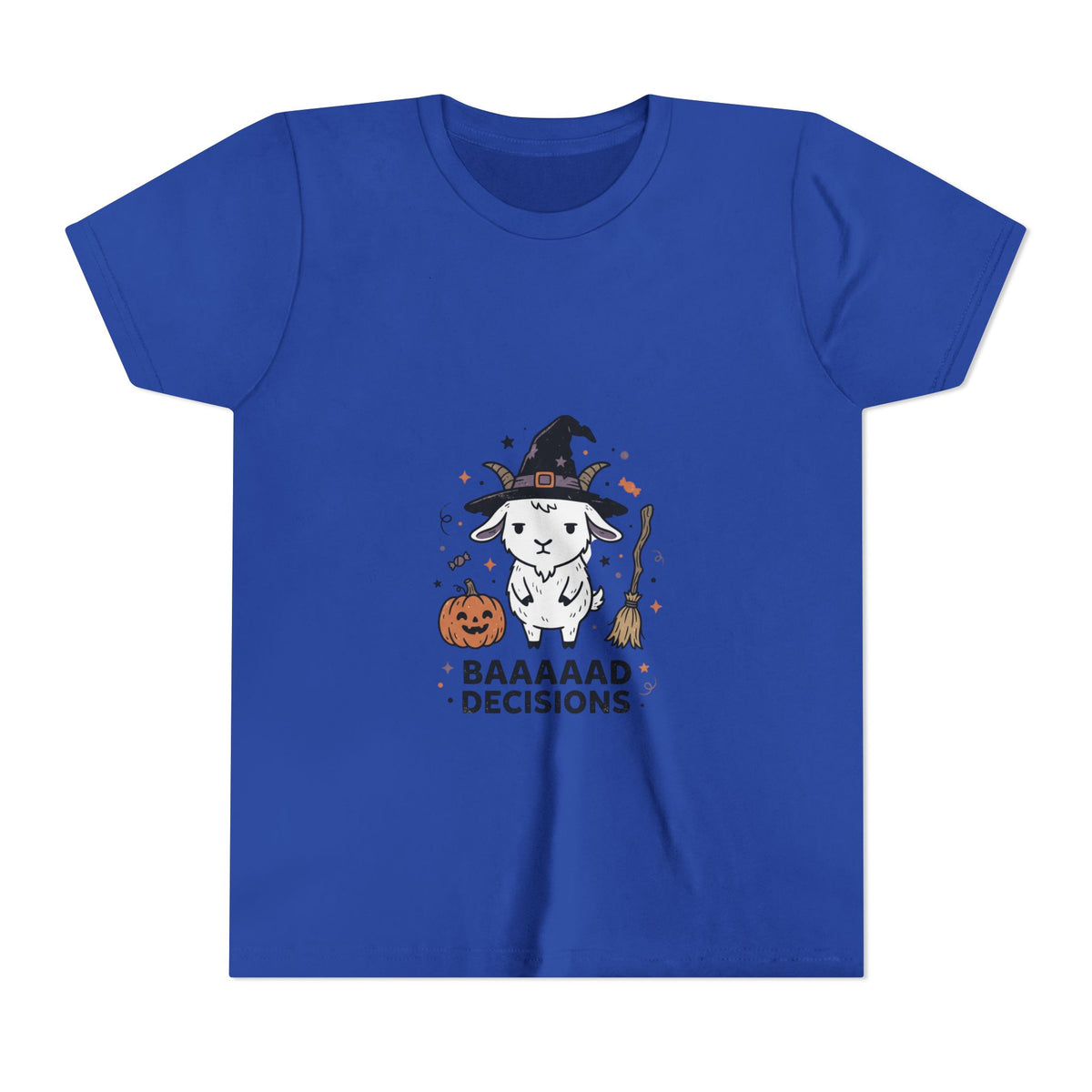 Kids Halloween Tee — 'Baaaad Decisions' Witch Sheep Graphic