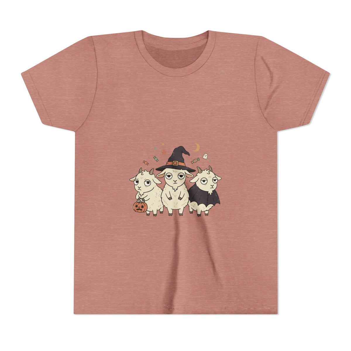 Youth Tee — Cute Halloween Goats Graphic Tee (Witch Hat, Pumpkin)