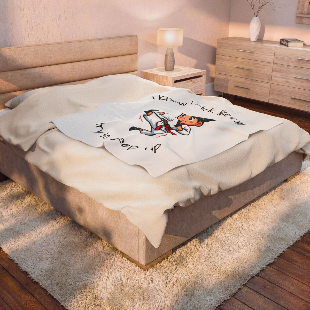 I Know I Kick Like a Girl Martial Arts Girl Velveteen Plush Blanket | Karate Kick Design