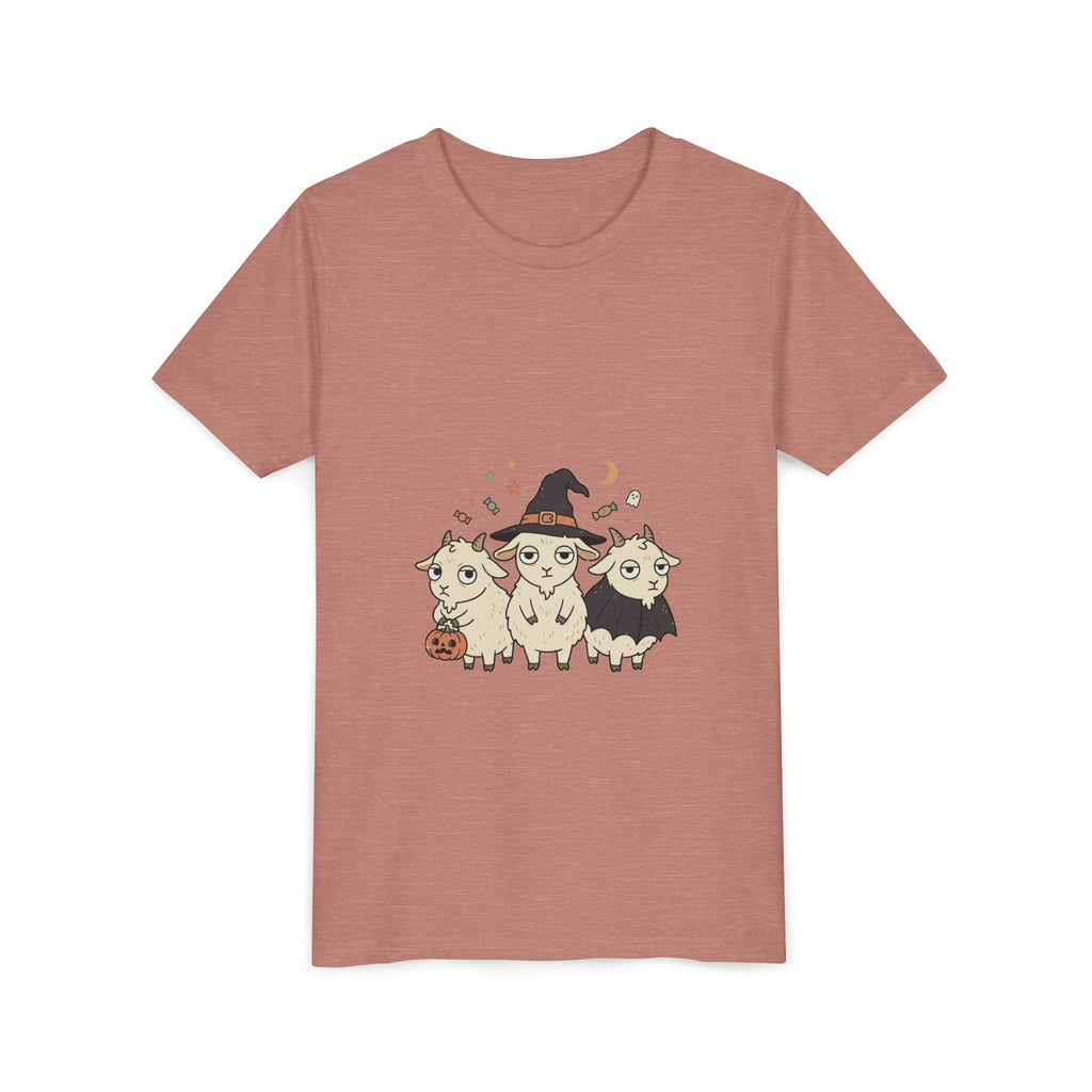 Youth Tee — Cute Halloween Goats Graphic Tee (Witch Hat, Pumpkin)