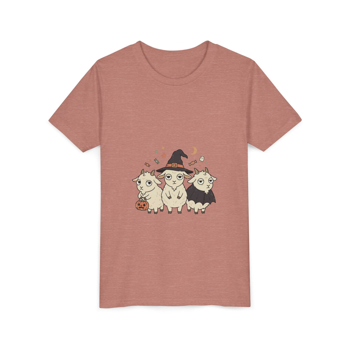 Youth Tee — Cute Halloween Goats Graphic Tee (Witch Hat, Pumpkin)