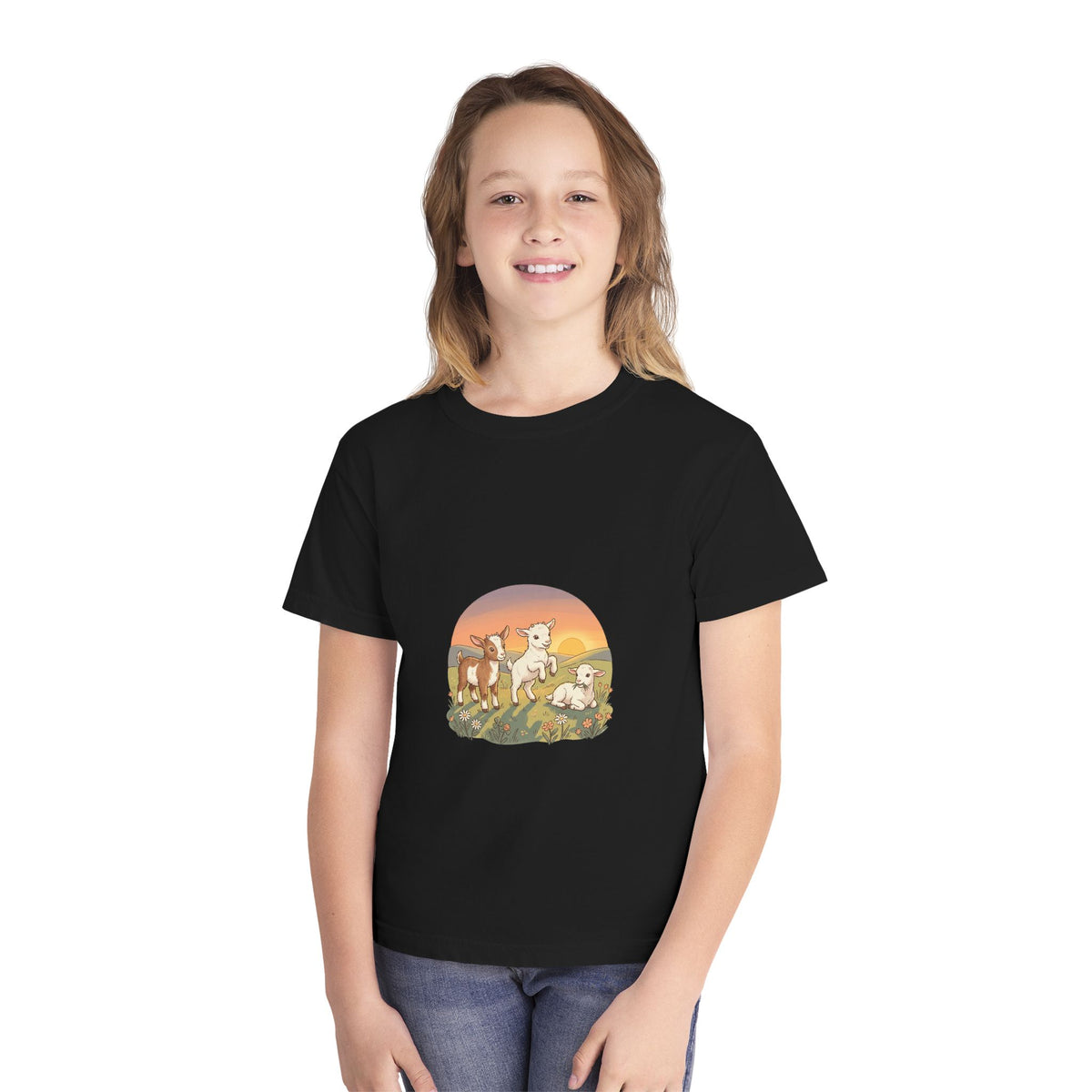 Goat Sunset Kids Tee | Baby Goats Illustration, Pastel Mint