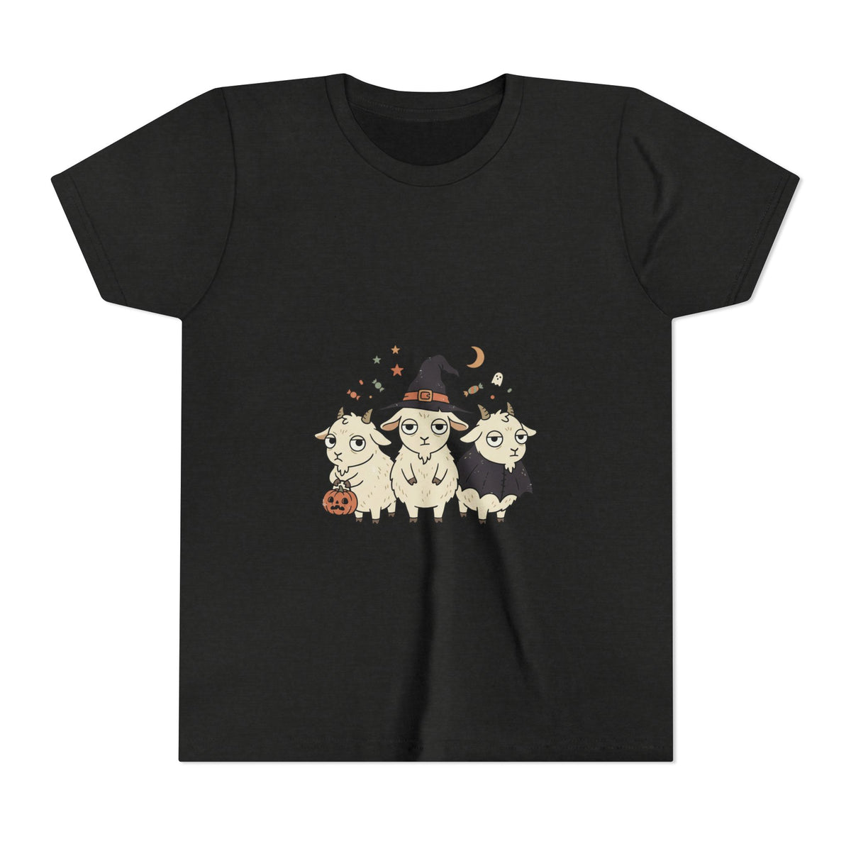 Youth Tee — Cute Halloween Goats Graphic Tee (Witch Hat, Pumpkin)