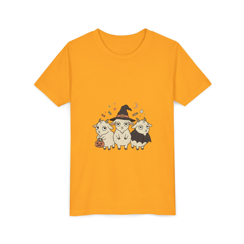 Youth Tee — Cute Halloween Goats Graphic Tee (Witch Hat, Pumpkin)