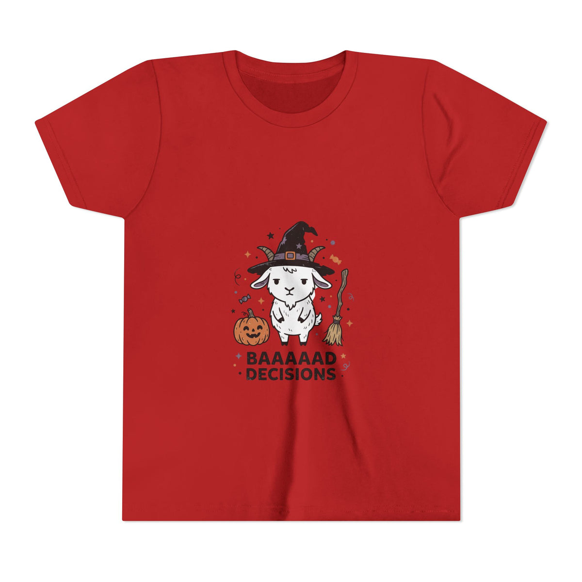 Kids Halloween Tee — 'Baaaad Decisions' Witch Sheep Graphic
