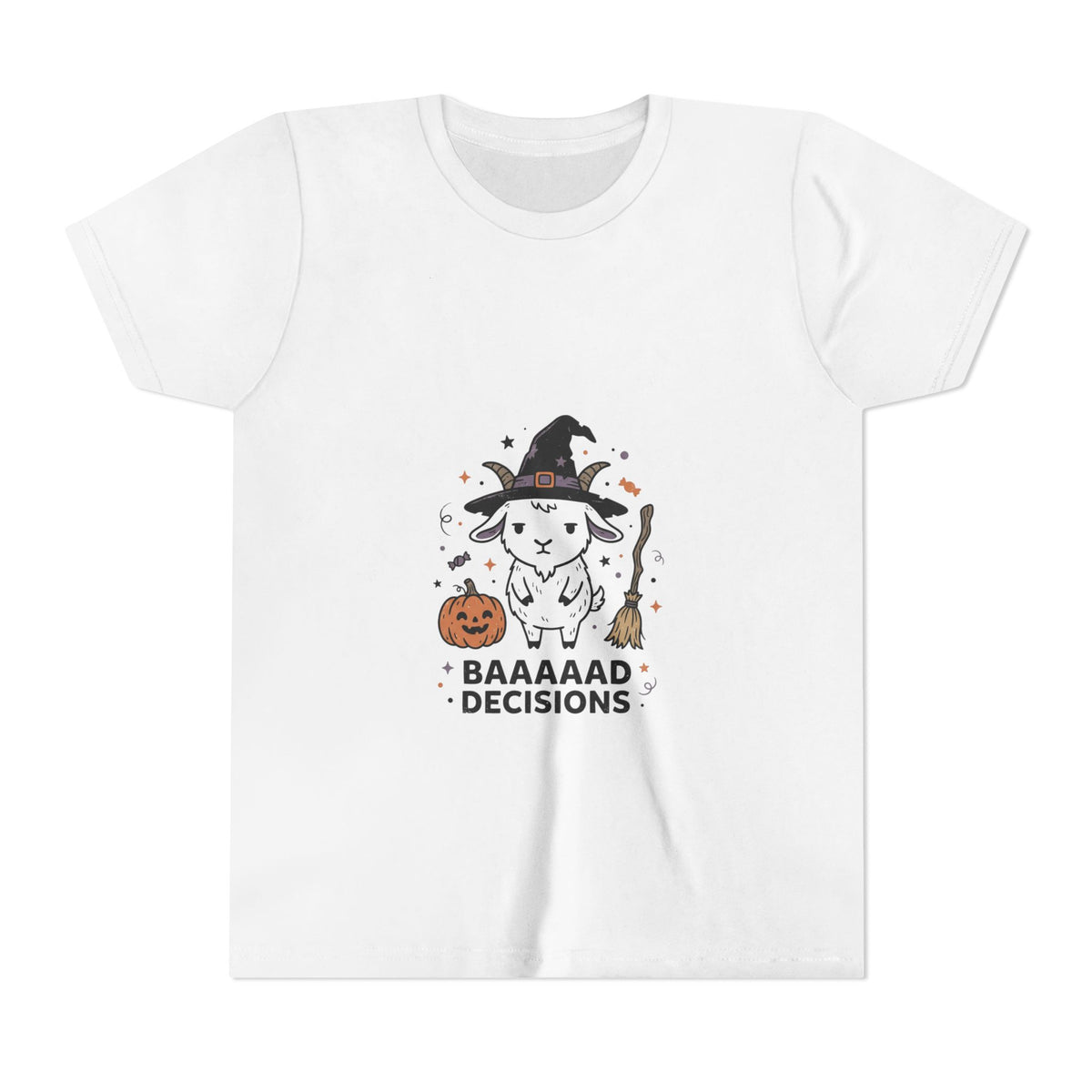 Kids Halloween Tee — 'Baaaad Decisions' Witch Sheep Graphic