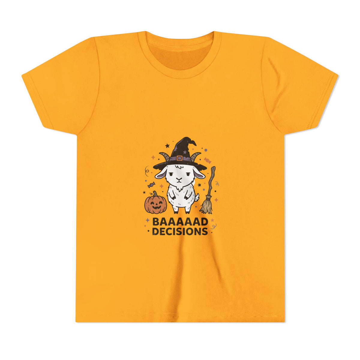 Kids Halloween Tee — 'Baaaad Decisions' Witch Sheep Graphic