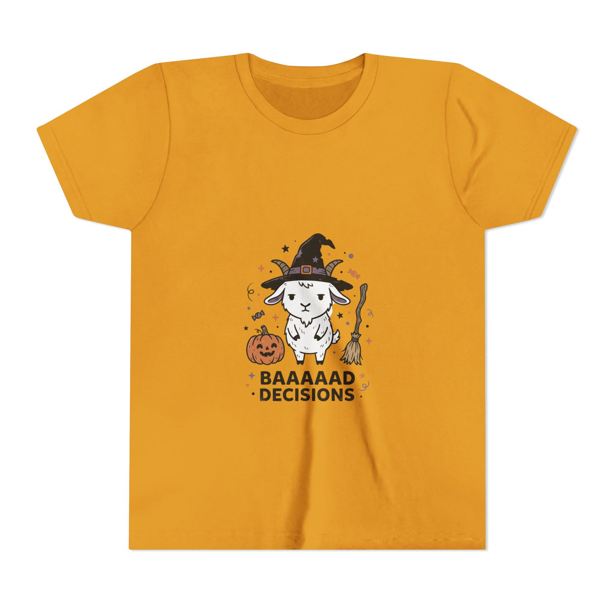 Kids Halloween Tee — 'Baaaad Decisions' Witch Sheep Graphic