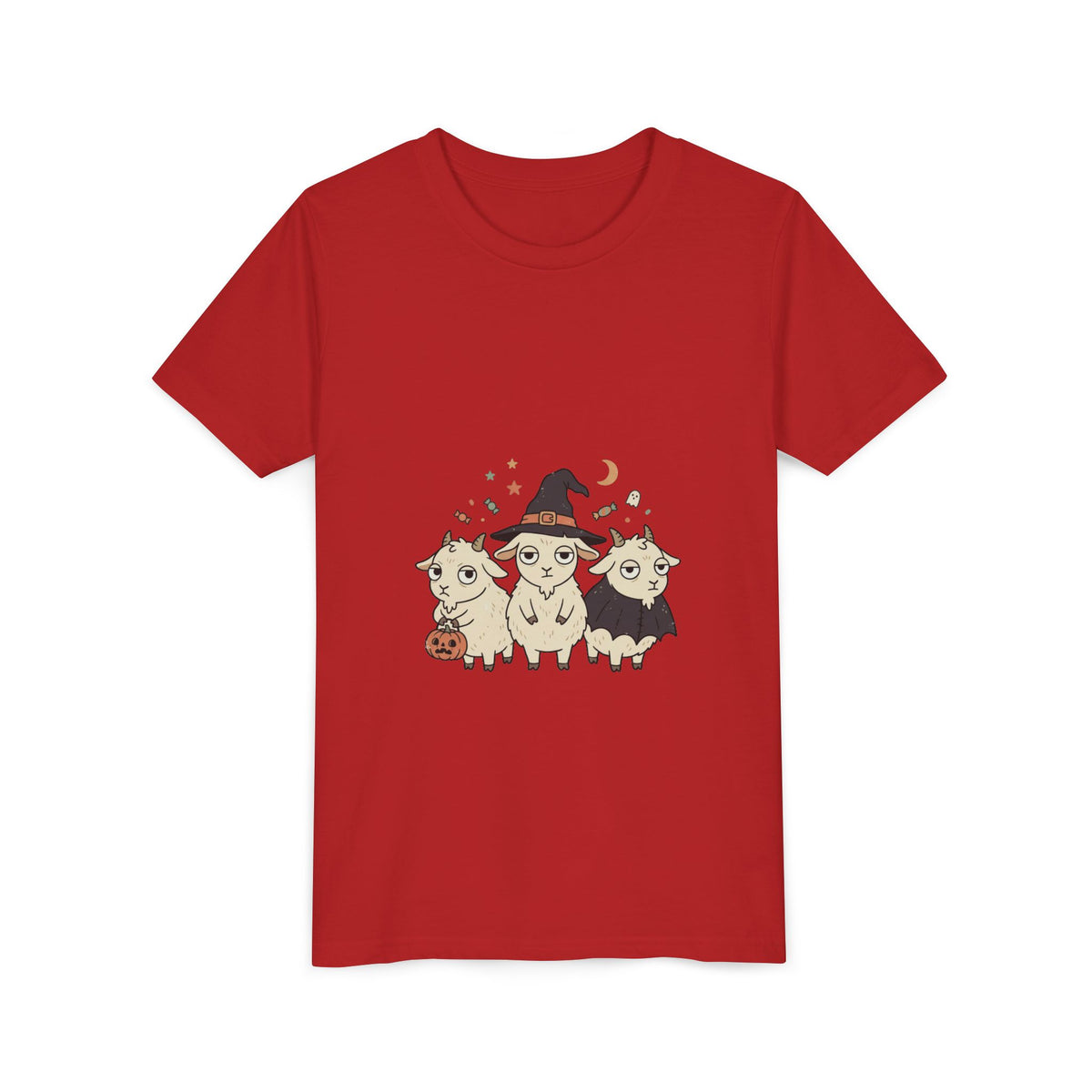 Youth Tee — Cute Halloween Goats Graphic Tee (Witch Hat, Pumpkin)
