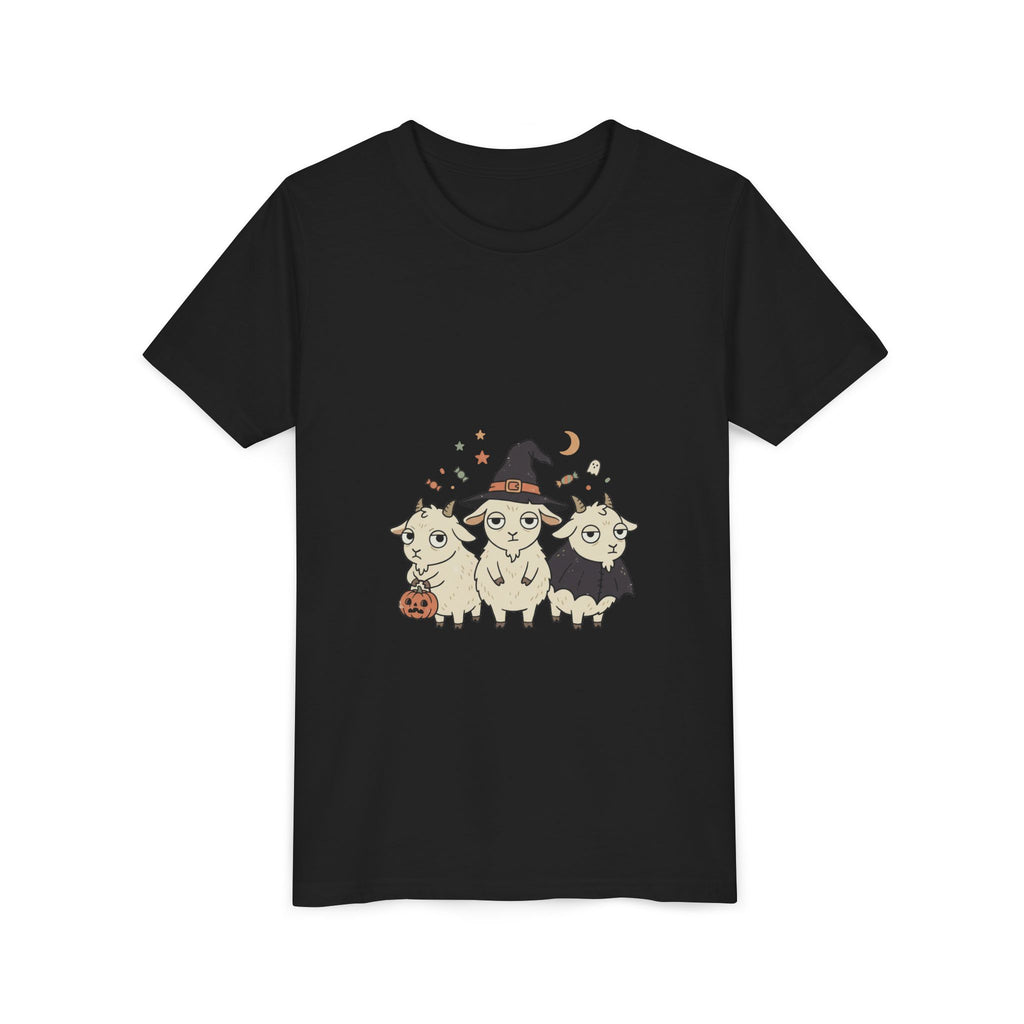 Youth Tee — Cute Halloween Goats Graphic Tee (Witch Hat, Pumpkin)