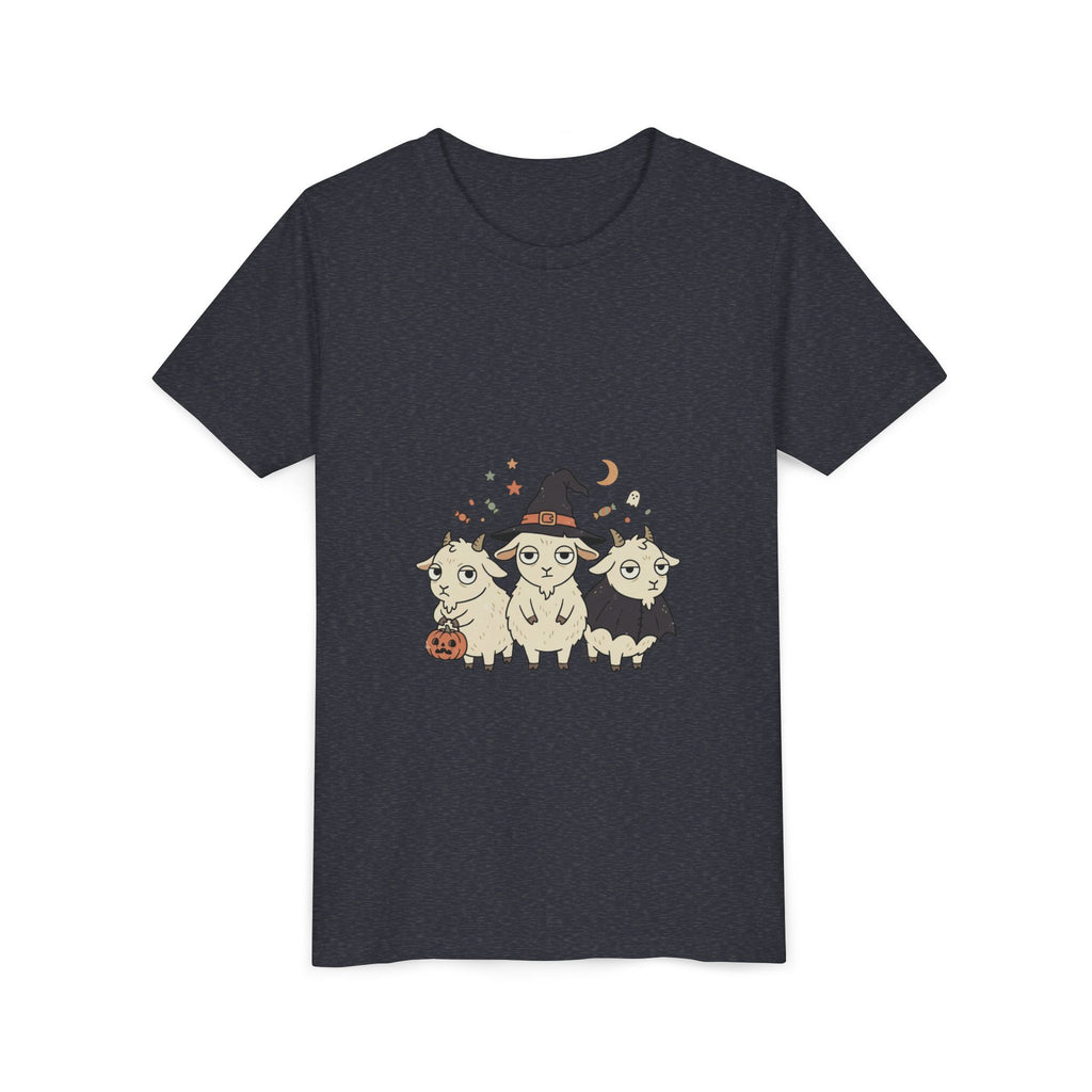 Youth Tee — Cute Halloween Goats Graphic Tee (Witch Hat, Pumpkin)