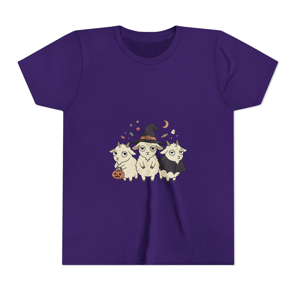 Youth Tee — Cute Halloween Goats Graphic Tee (Witch Hat, Pumpkin)