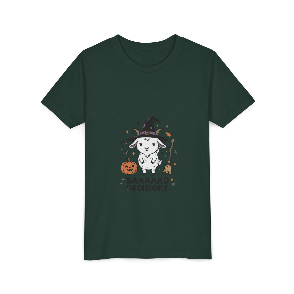 Kids Halloween Tee — 'Baaaad Decisions' Witch Sheep Graphic