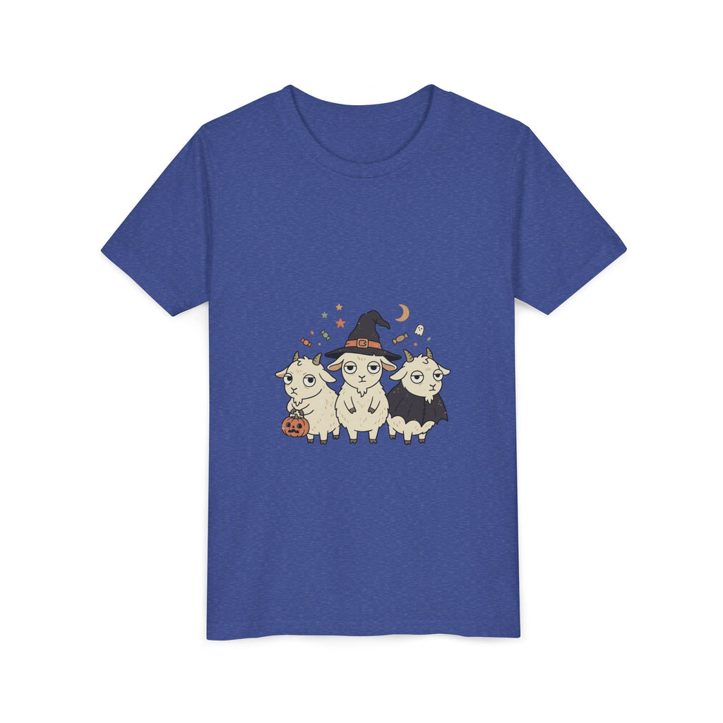 Youth Tee — Cute Halloween Goats Graphic Tee (Witch Hat, Pumpkin)