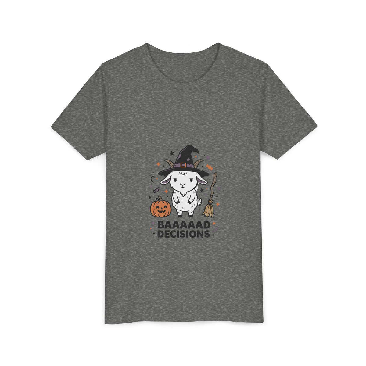 Kids Halloween Tee — 'Baaaad Decisions' Witch Sheep Graphic