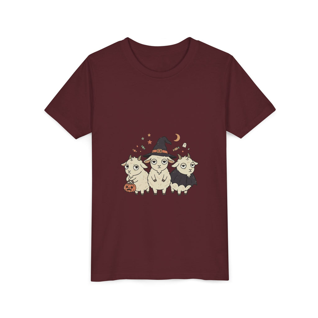 Youth Tee — Cute Halloween Goats Graphic Tee (Witch Hat, Pumpkin)