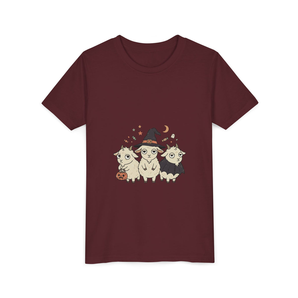 Youth Tee — Cute Halloween Goats Graphic Tee (Witch Hat, Pumpkin)