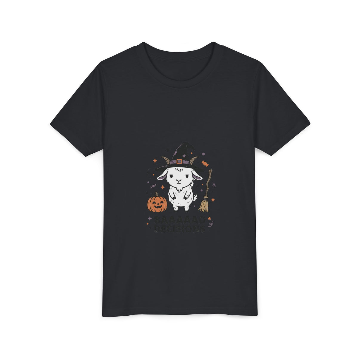 Kids Halloween Tee — 'Baaaad Decisions' Witch Sheep Graphic
