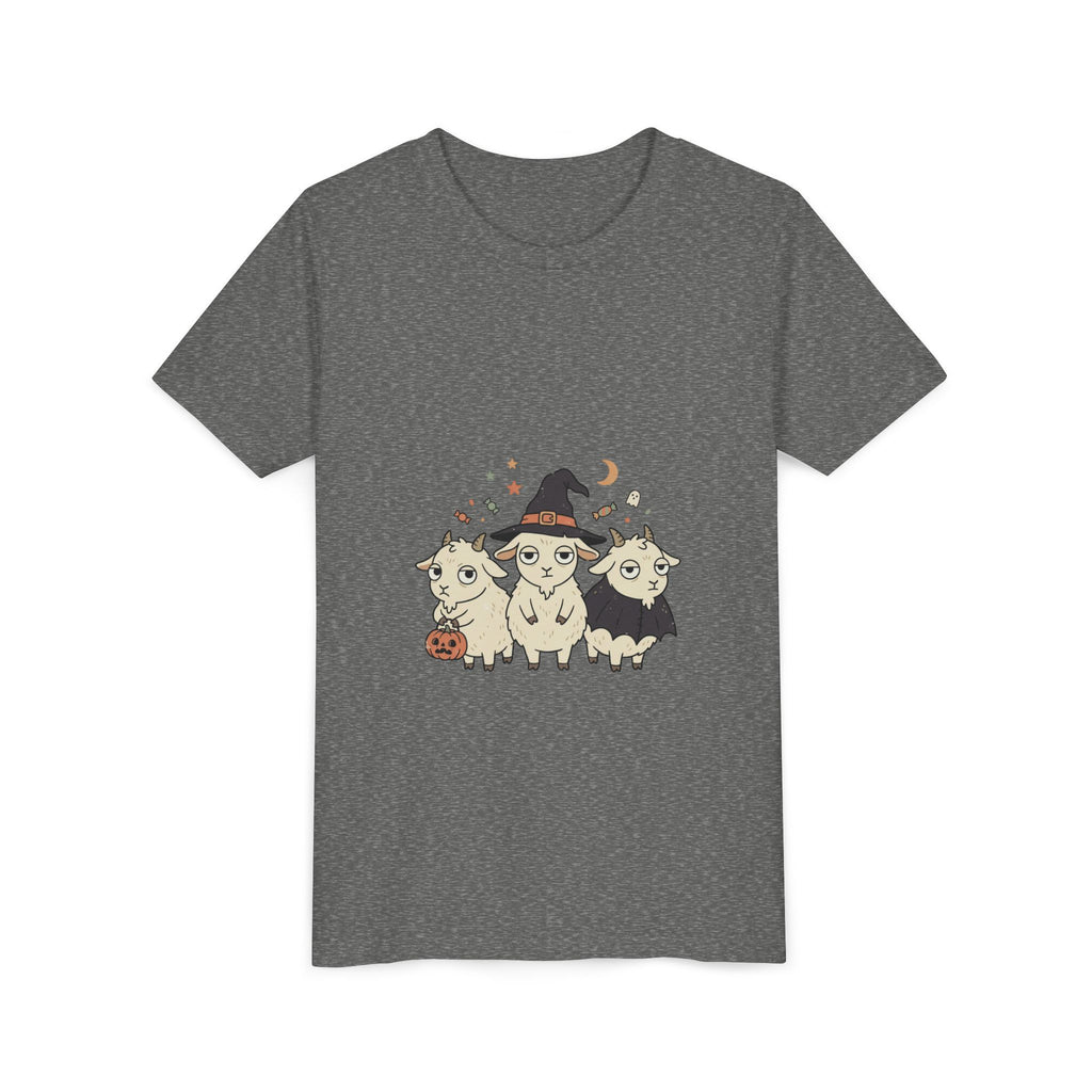 Youth Tee — Cute Halloween Goats Graphic Tee (Witch Hat, Pumpkin)