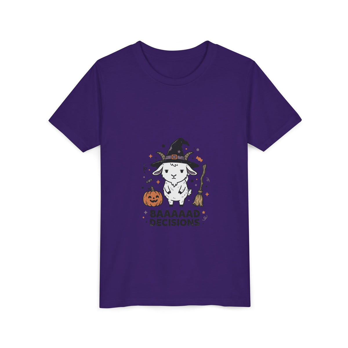 Kids Halloween Tee — 'Baaaad Decisions' Witch Sheep Graphic