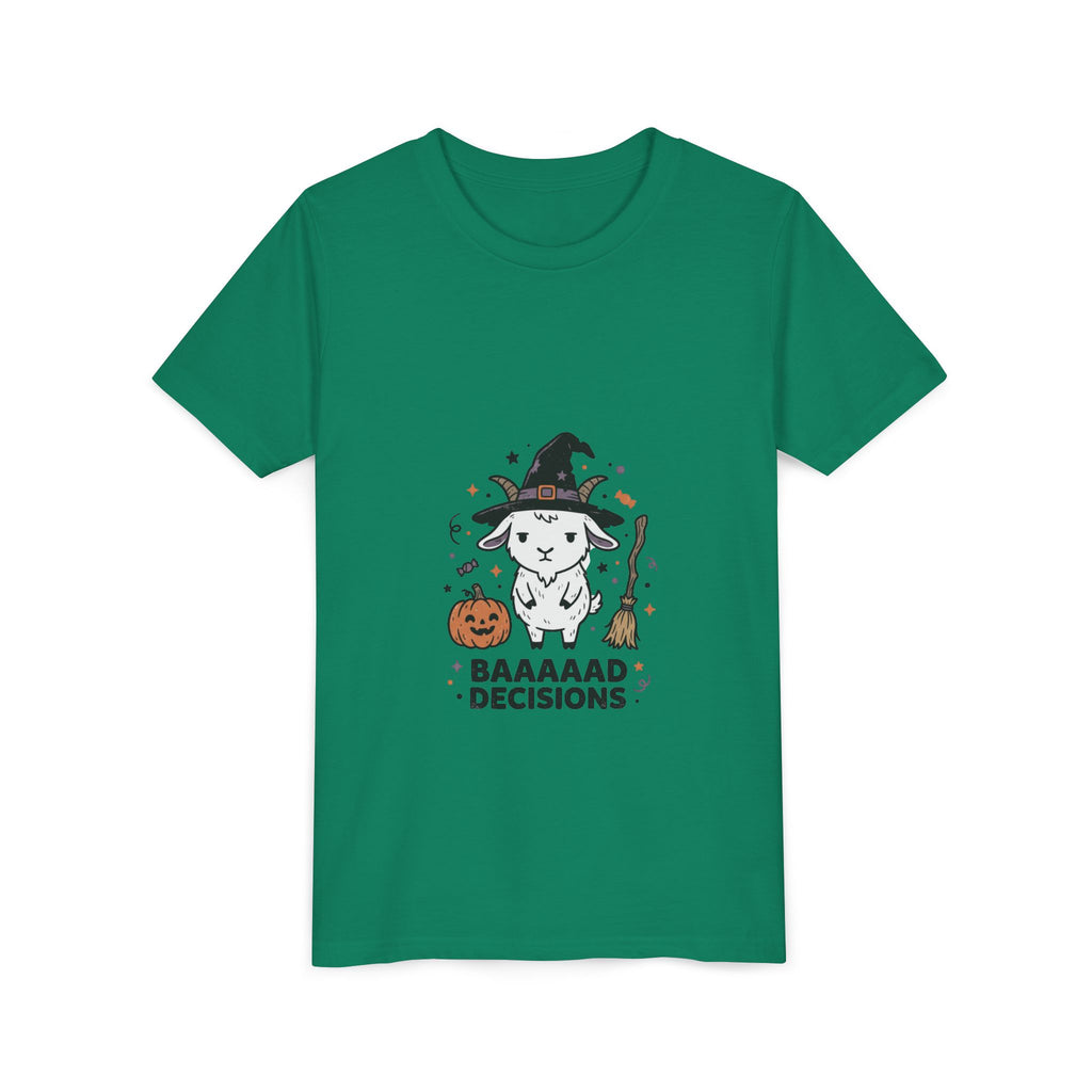 Kids Halloween Tee — 'Baaaad Decisions' Witch Sheep Graphic