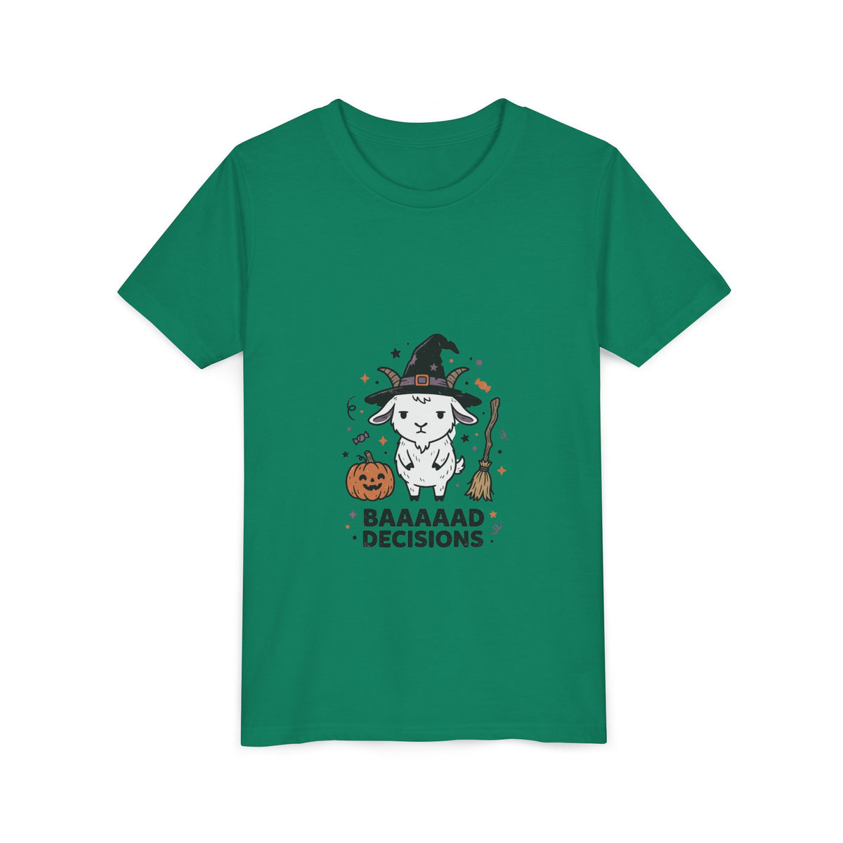 Kids Halloween Tee — 'Baaaad Decisions' Witch Sheep Graphic
