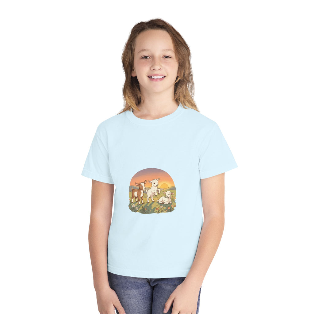 Goat Sunset Kids Tee | Baby Goats Illustration, Pastel Mint