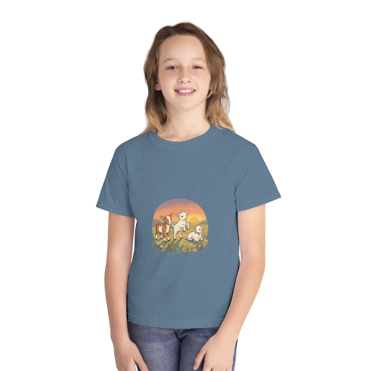 Goat Sunset Kids Tee | Baby Goats Illustration, Pastel Mint