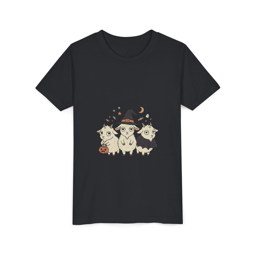 Youth Tee — Cute Halloween Goats Graphic Tee (Witch Hat, Pumpkin)