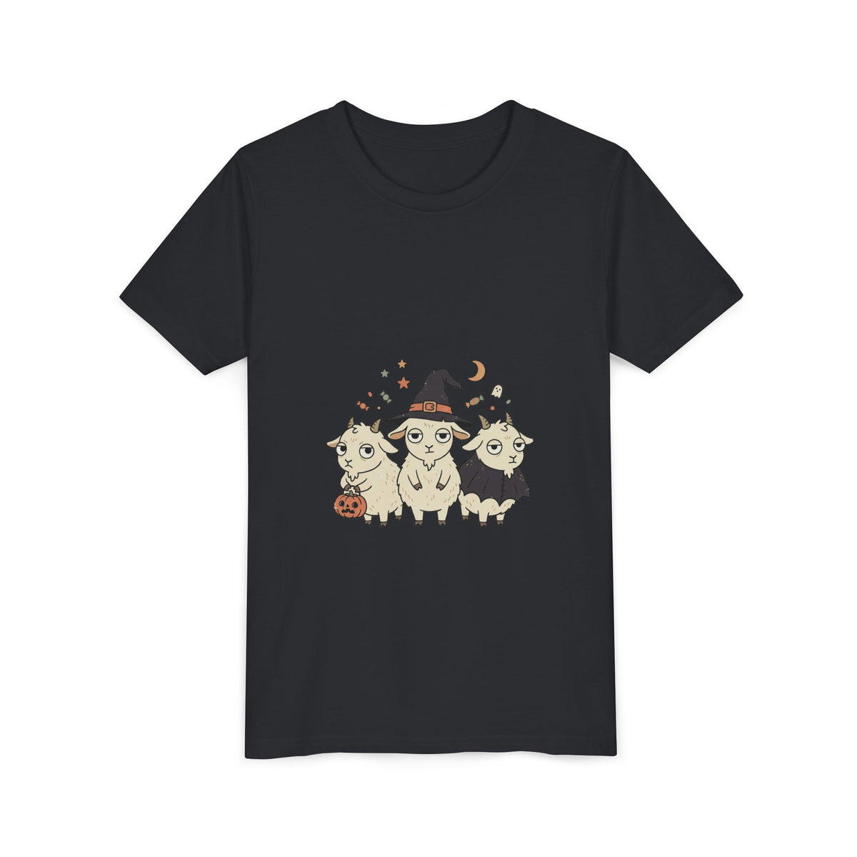 Youth Tee — Cute Halloween Goats Graphic Tee (Witch Hat, Pumpkin)