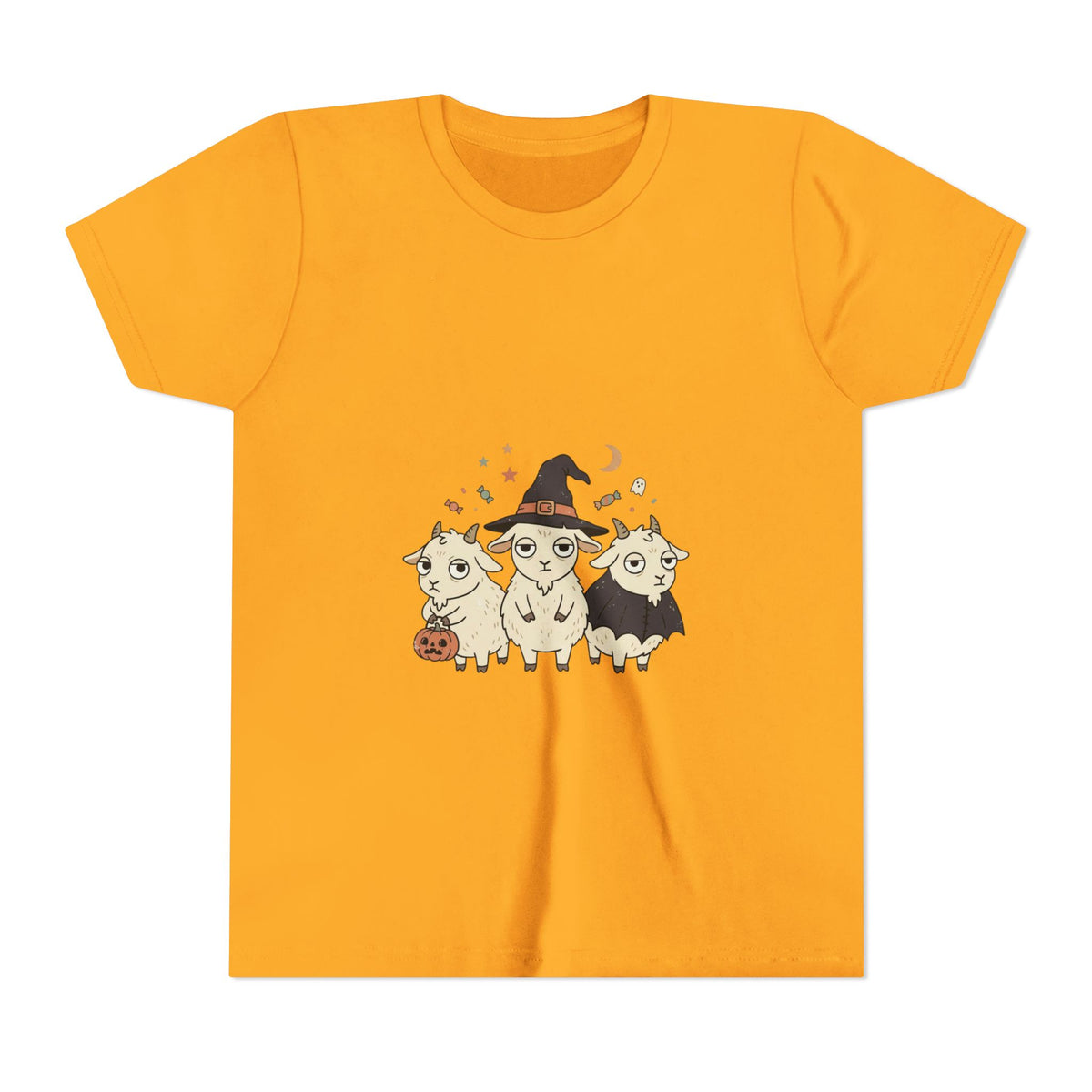 Youth Tee — Cute Halloween Goats Graphic Tee (Witch Hat, Pumpkin)