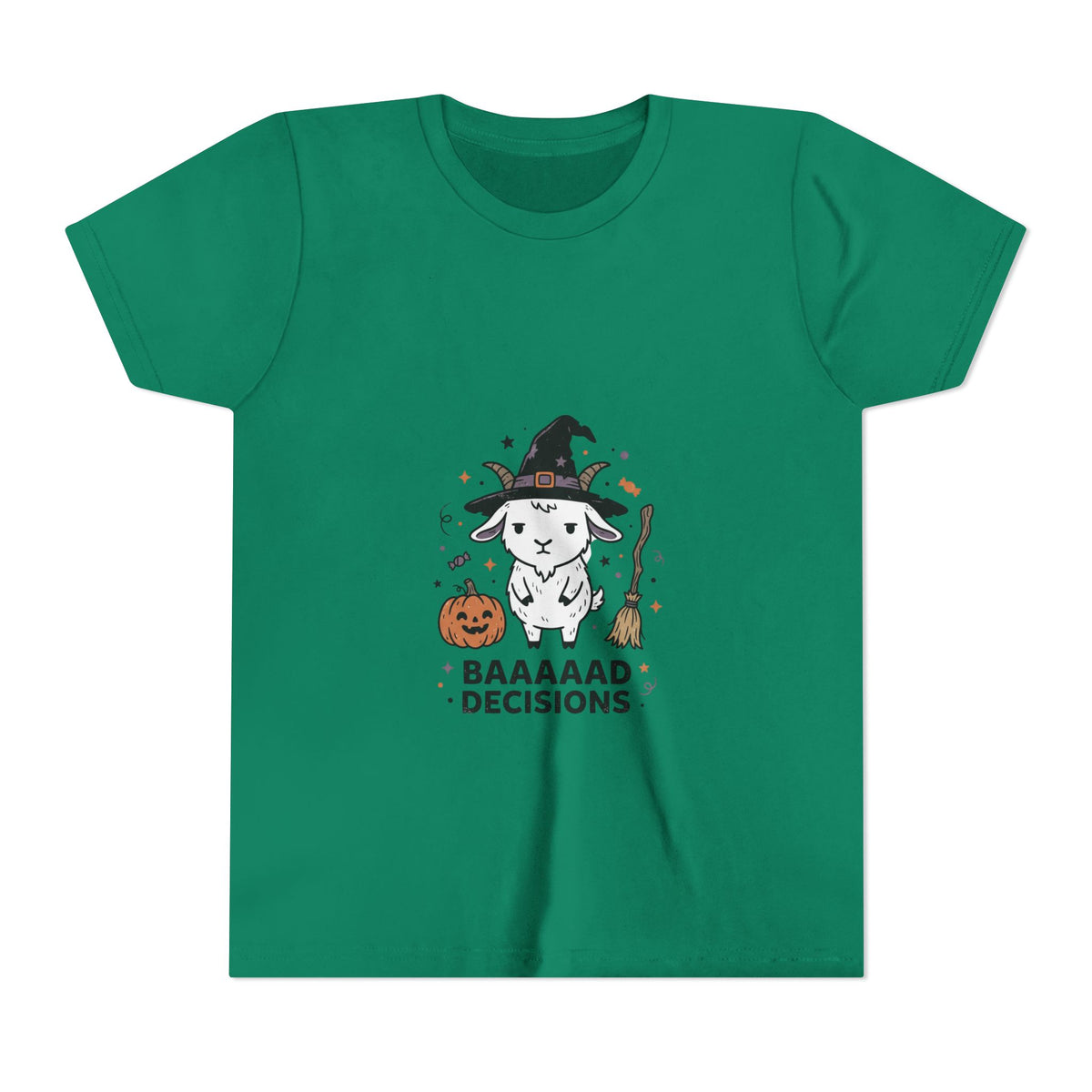 Kids Halloween Tee — 'Baaaad Decisions' Witch Sheep Graphic
