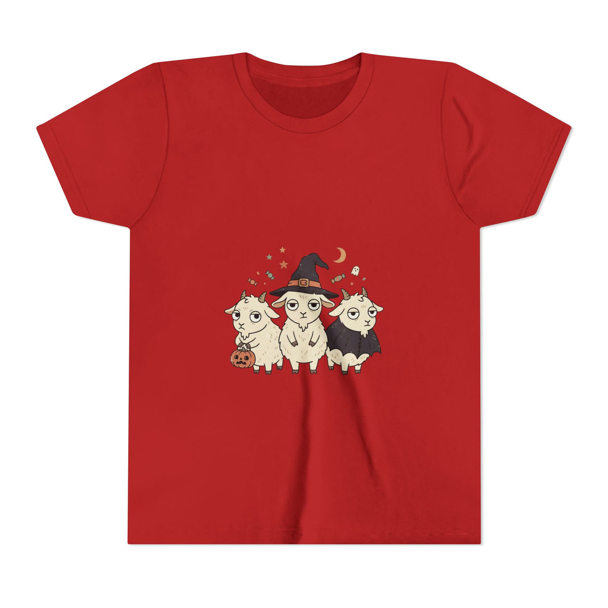 Youth Tee — Cute Halloween Goats Graphic Tee (Witch Hat, Pumpkin)