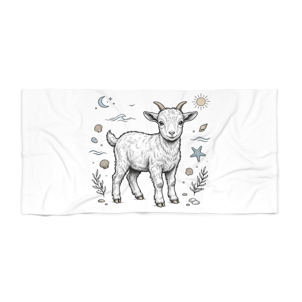 Goat Beach Towel — Cute Coastal Baby Goat Illustration Beach Towel