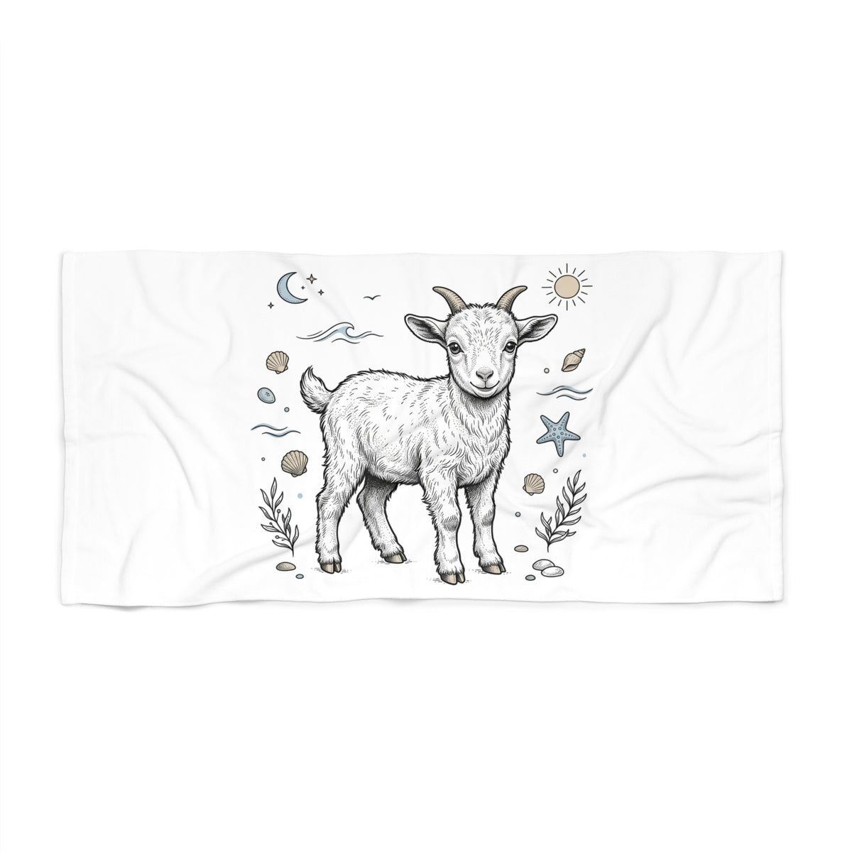Goat Beach Towel — Cute Coastal Baby Goat Illustration Beach Towel