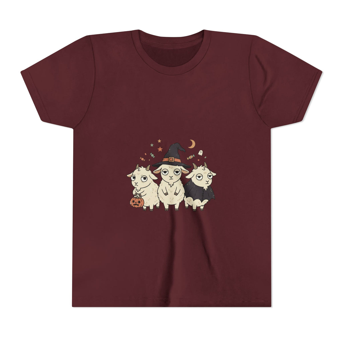 Youth Tee — Cute Halloween Goats Graphic Tee (Witch Hat, Pumpkin)