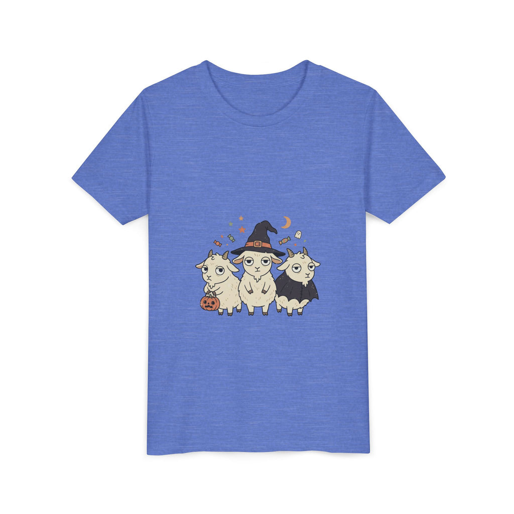 Youth Tee — Cute Halloween Goats Graphic Tee (Witch Hat, Pumpkin)