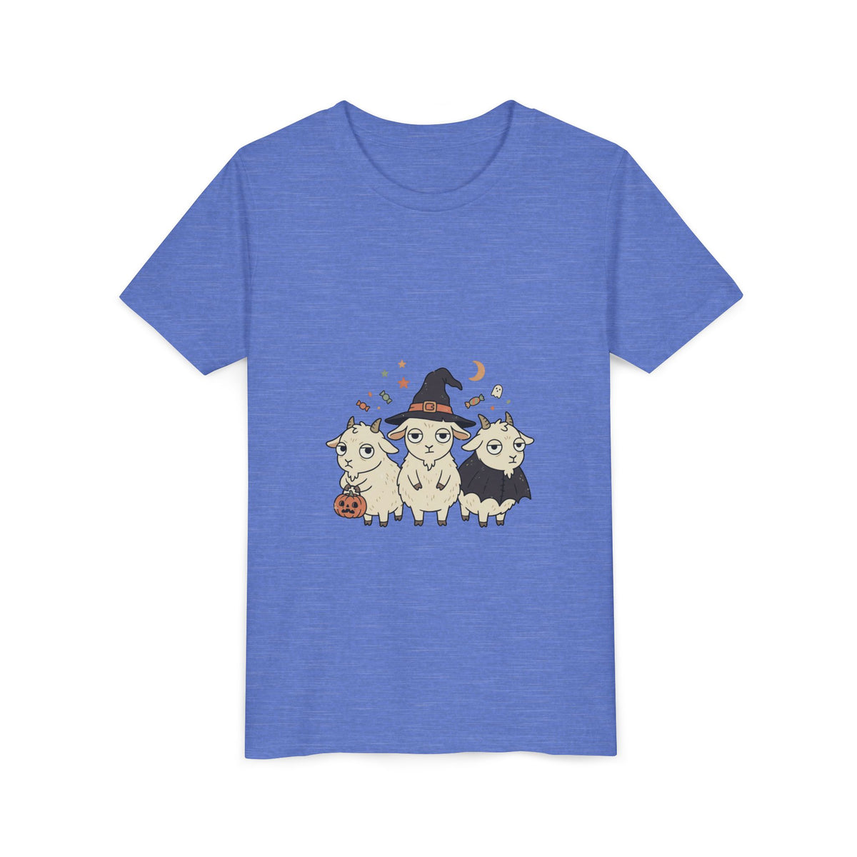 Youth Tee — Cute Halloween Goats Graphic Tee (Witch Hat, Pumpkin)