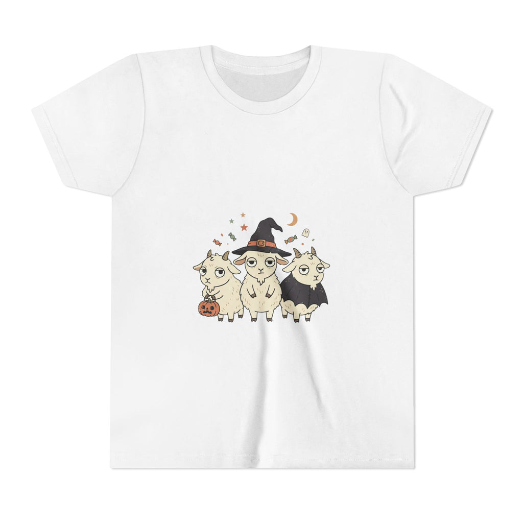 Youth Tee — Cute Halloween Goats Graphic Tee (Witch Hat, Pumpkin)