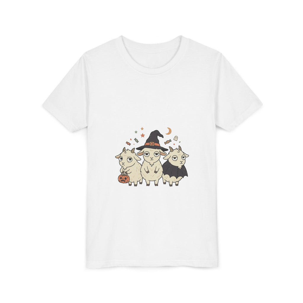 Youth Tee — Cute Halloween Goats Graphic Tee (Witch Hat, Pumpkin)