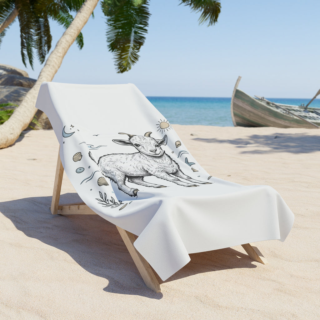 Goat Illustration Beach Towel — Cute Boho Farm Animal Sun & Moon Design
